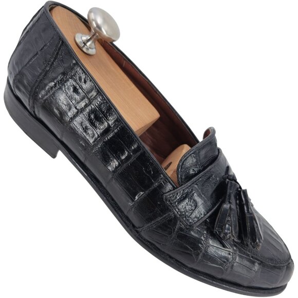 Vintage Belvedere Exotic Full Crocodile Black Dress Shoes Men 8.5 Tassel Loafer - Picture 2 of 12